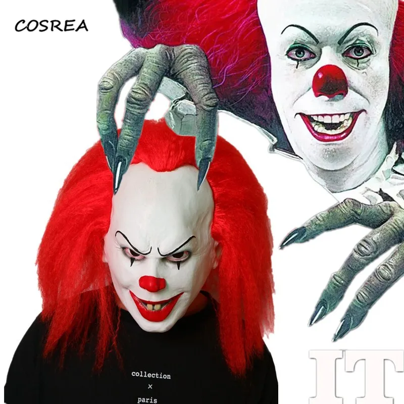 

Red Hair Scary Latex Stephen King's It Clown Pennywise Cosplay Costume Party Helmet Dress Funny Joker Clown Masks Props Gift