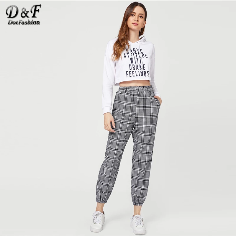 Dotfashion/серые клетчатые штаны с карманами и эластичной талией для женщин; повседневные брюки; коллекция года; Осенняя модная одежда для женщин; брюки в Корейском стиле