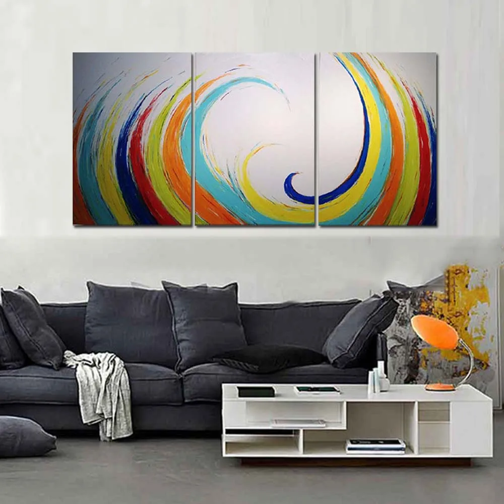 

Modern Abstract Hand Painted Three Panels Rainbow Canvas Oil Painting Abstract Rainbow Wall Picture Living Room Home Wall Decor