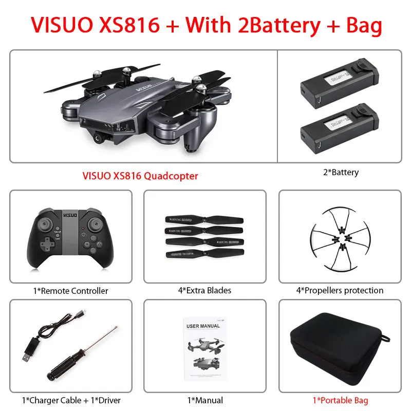 XS816 2B Bag Visuo XS816 оптическое позиционирование потока Rc Квадрокоптер с двойной камерой 2mp Wifi FPV Дрон управление жестами Дрон Vs XS809HW XS809S - Цвет: XS816 2B Bag
