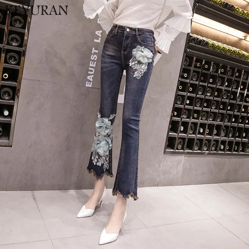 Новые женские расклешенные джинсы с вышивкой из бисера и бахромой обтягивающие