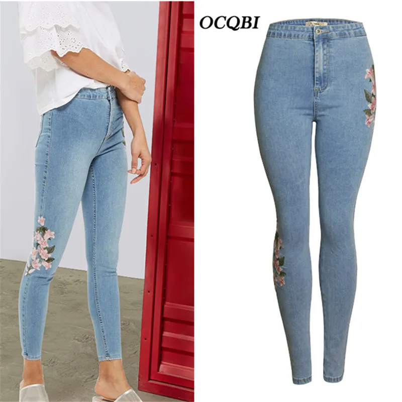 Женские джинсы скинни с цветочной вышивкой в уличном стиле весна 2018 джинсовые