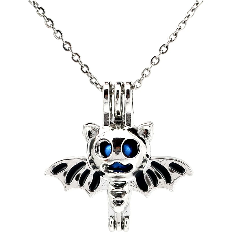 

K995 Silver Enamel Bat Wing Animal Beads Pearl Cage Pendant Chain Aroma Essential Oil Diffuser Locket Necklace