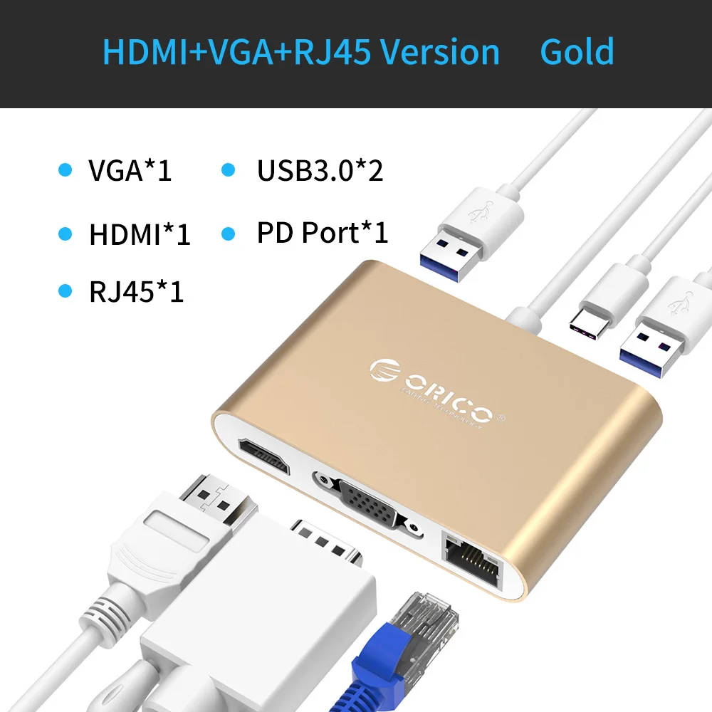 RCNB-Gold ORICO usb-хаб USB C к HDMI RJ45 VGA type-C PD адаптер для Mac/samsung Galaxy/huawei type C USB 3," концентратор - Цвет: RCNB-Gold