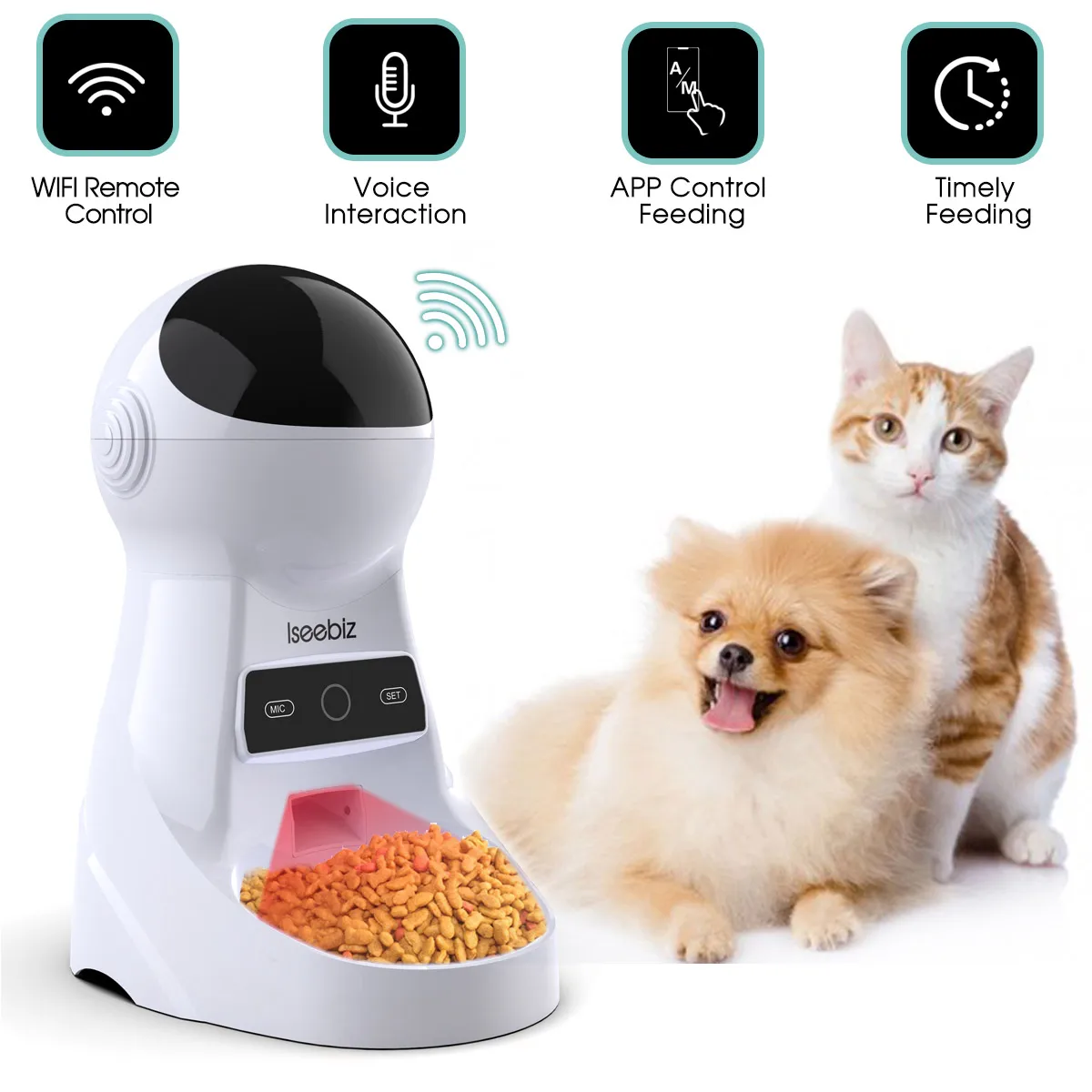 Wifi Pet feeder Iseebiz Wifi автоматическая кормушка для кошки 3л дозатор корма для домашних животных Кормушка средняя и большая кошка собака 4 Еды диктофон и таймер - Цвет: Wifi Pet feeder