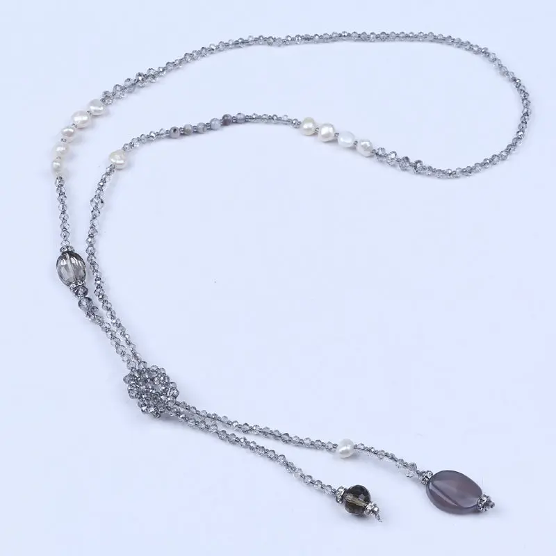 Цепочка с подвеской стразы кристаллами и жемчугом ожерелье кулоном из