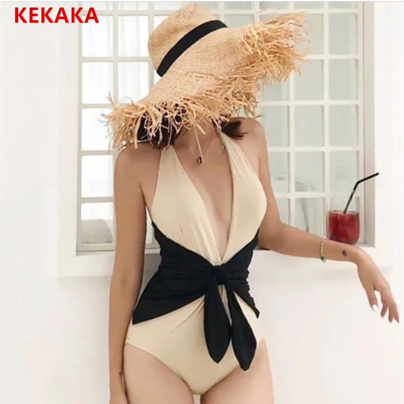 KEKAKA, винтажный, телесный, черный, с большим бантом, сдельный купальник,, Корея, сексуальный, пуш-ап, купальник, монокини, для женщин, для плавания, купальники