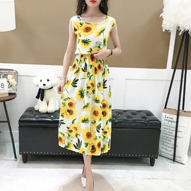 Женское платье трапециевидной формы повседневное длинное с принтом без рукавов