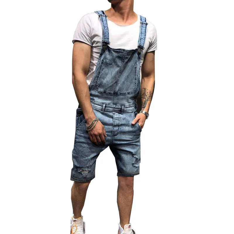 

KIMSERE Fashion Men Ripped Short Jeans Jumpsuits Hi Street Distressed Denim Shorts Bib Overalls With Holes Suspender Pants