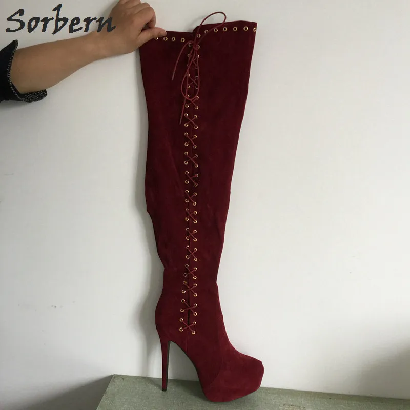 Sorbern винно-Красные Теплые сапоги на высоком каблуке для женщин платформе