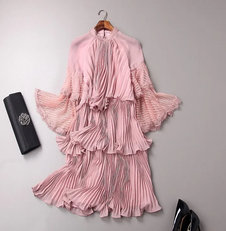 Pink Женское Плиссированное шифоновое платье в стиле пэчворк с оборками, Модное Новое платье с расклешенными рукавами - Цвет: Pink
