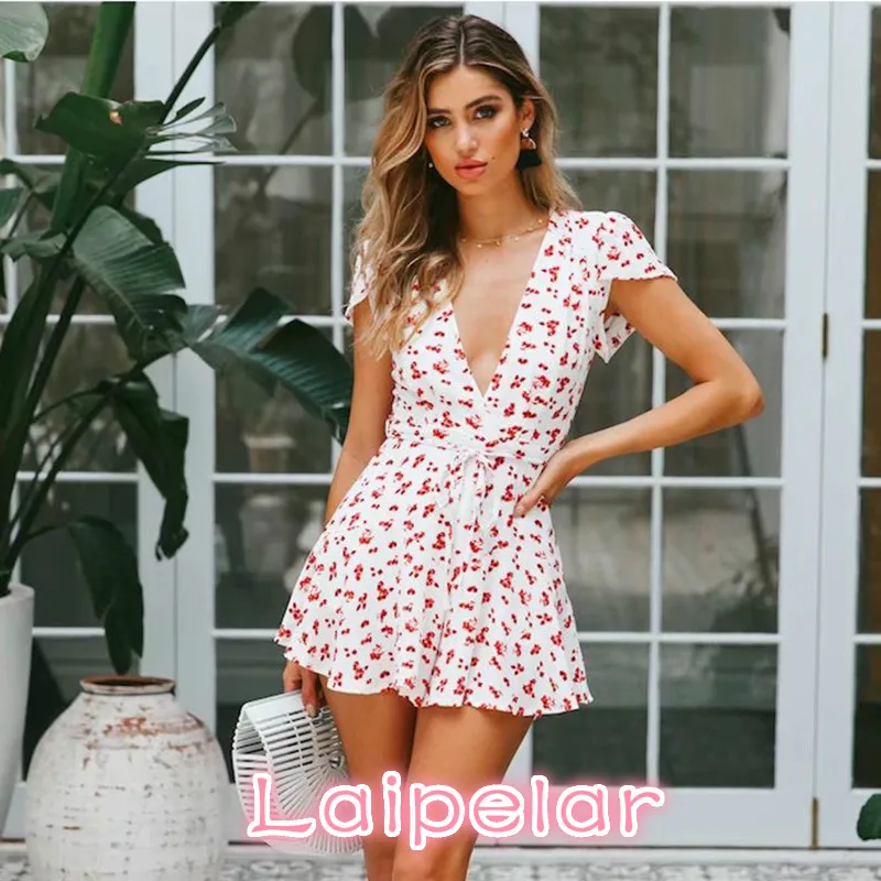 

Ruffle Wrap Beach white Dress Women Boho print sexy V Neck mini Party Dress Elegant Kawaii Korean Fashion summer dress 2020