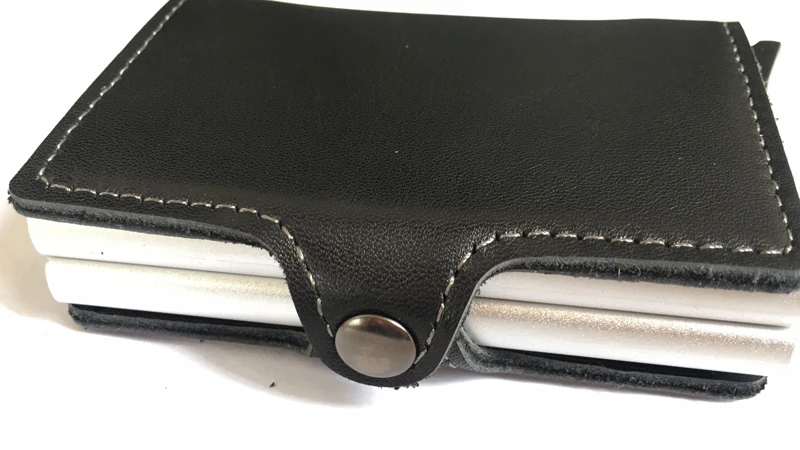 VM FASHION KISS Genuine Leather Double Aluminum Box RFID Safe Card Wallet Credit Card Information Anti-theft Brush Card Holder
