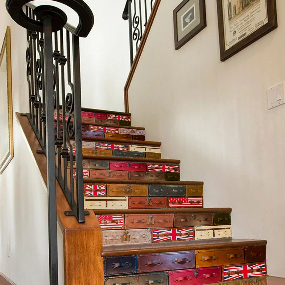Retro European British Suitcase Vinyl Stair Stickers 3D Art Wall for Living Room TV Background Home Decor FS070 | Дом и сад