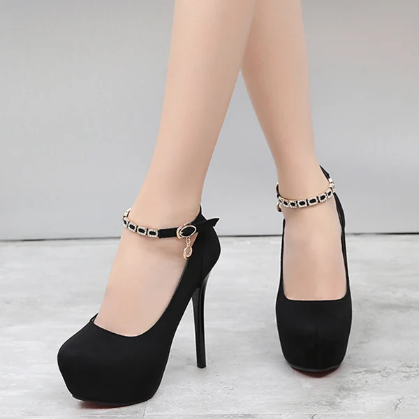 black 14cm Женские замшевые туфли; сезон весна-осень; модные туфли на высоком каблуке 14 см; туфли-лодочки на платформе с ремешком на щиколотке; цвет черный, бежевый; обувь для вечеринок - Цвет: black 14cm