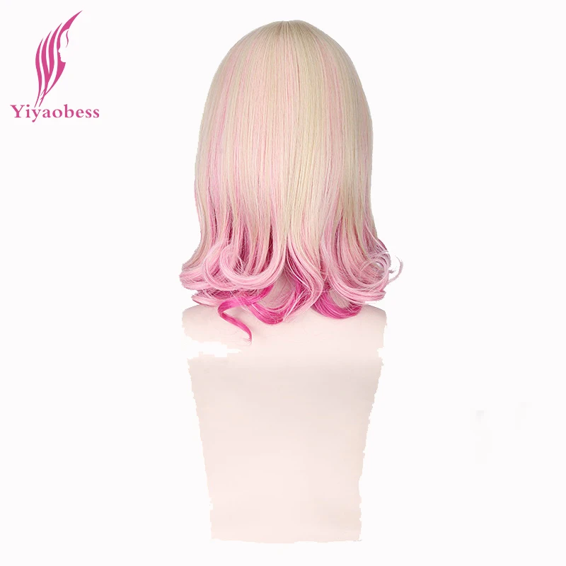

Yiyaobess 14inch Wavy Blonde Pink Ombre Wig With Bangs Synthetic Natural Hair Medium Mixed Color Women Wigs Cosplay