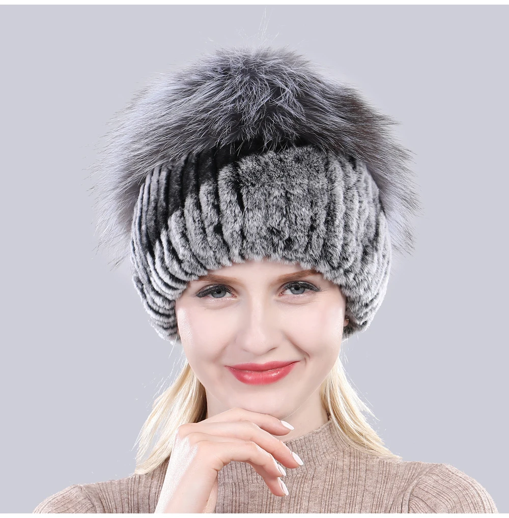 Новое поступление, зимняя женская вязаная шапка, настоящий мех кролика, хорошая эластичность, натуральный пушистый мех серебристой лисы, женские шапки из натурального меха