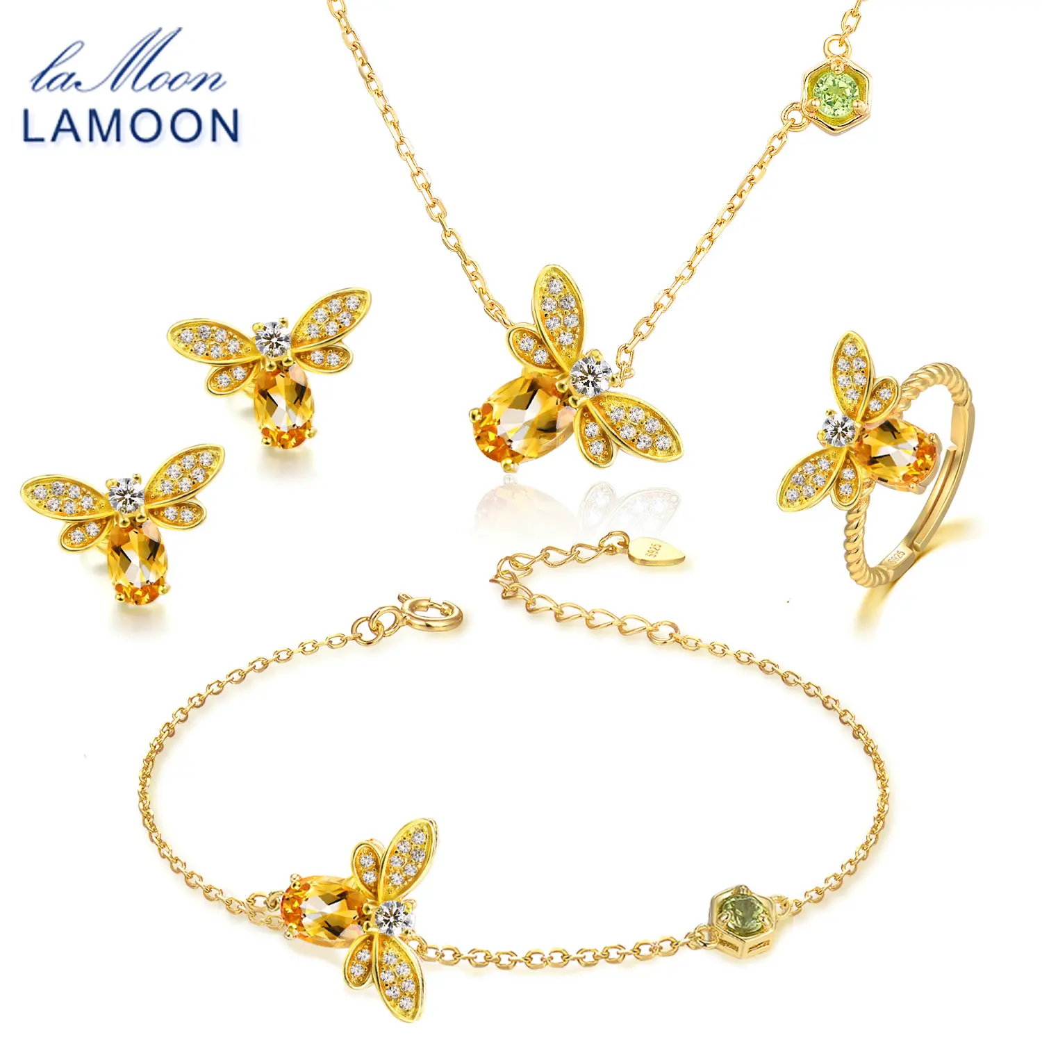 LAMOON-Conjunto de joyería de citrino Natural con piedras preciosas, joyería de plata de ley 925 con abeja encantadora, pendientes, anillo, collar, pulsera, V027-5