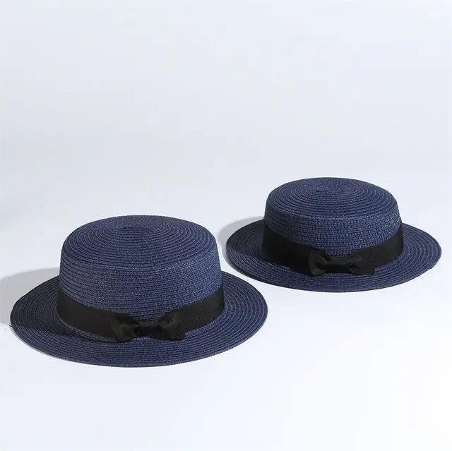 Simple Summer Parent-child Beach Hat Female Flat Brim Bowknot Straw cap girls Sun Hat 4