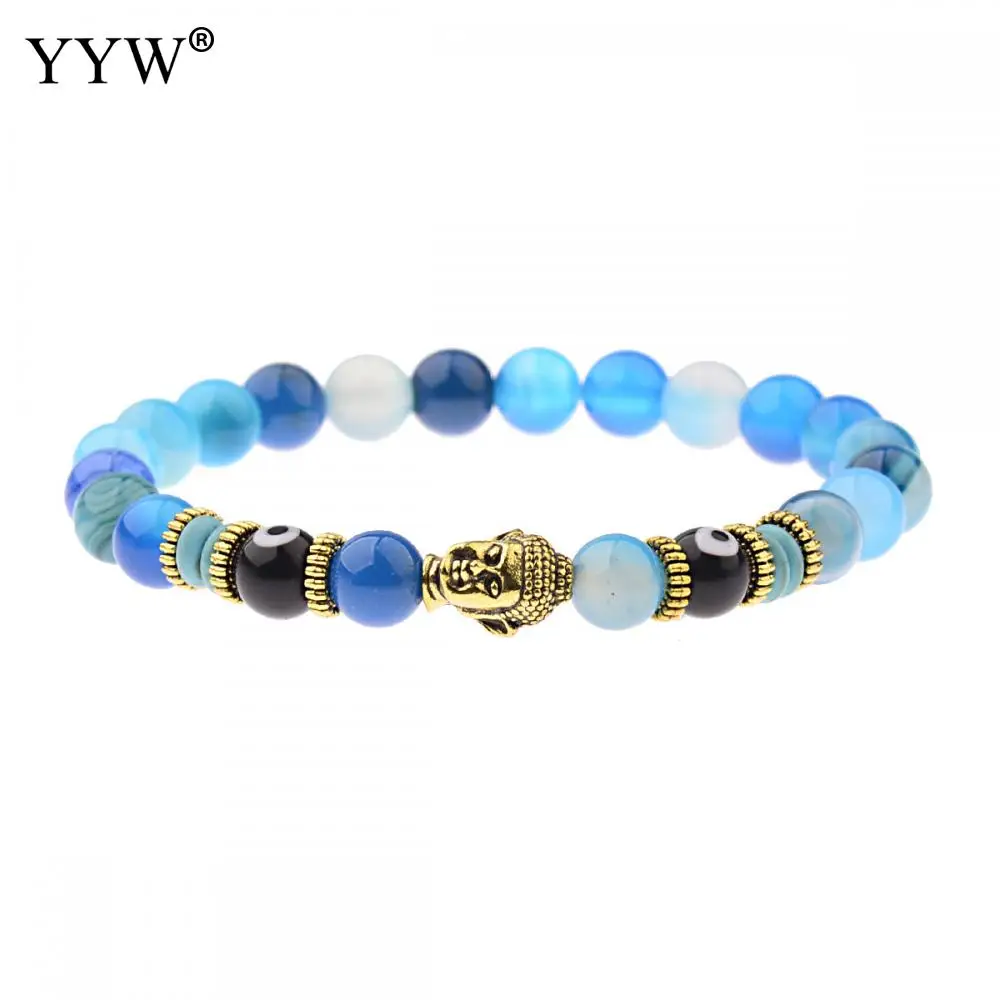 

Natural Stone Bracelets Wholesale 2019 Jewelry Round Buddhist Buddhism Budha Charm Bracelet Unisex 8mm Gray Stone Onyx Eye Charm