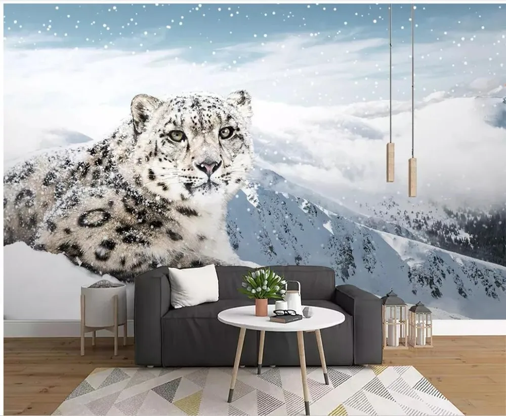 Настенные 3d обои на заказ с изображением снега леопарда животных пейзажа