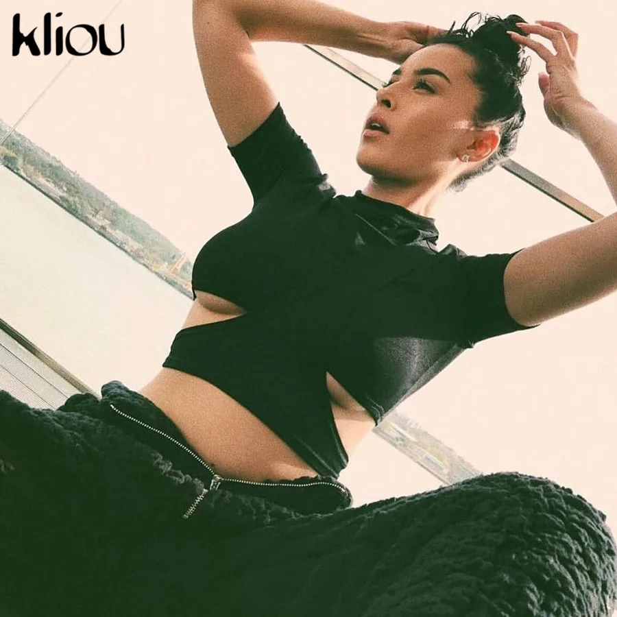 Weirdgirl New Sexy Solid Black White O-Neck Short Sleeve T-Shirt Tees Tops Women Strip Hollow Out Short Casual Tees Crop Tops