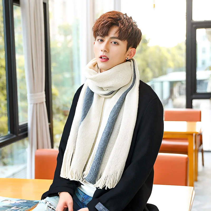 Шарф мужской Striola сине-серый кашемировый вискозный клетчатый 200*40 зимнее теплое длинное платок с бахромой мужские оберточки аксессуары.