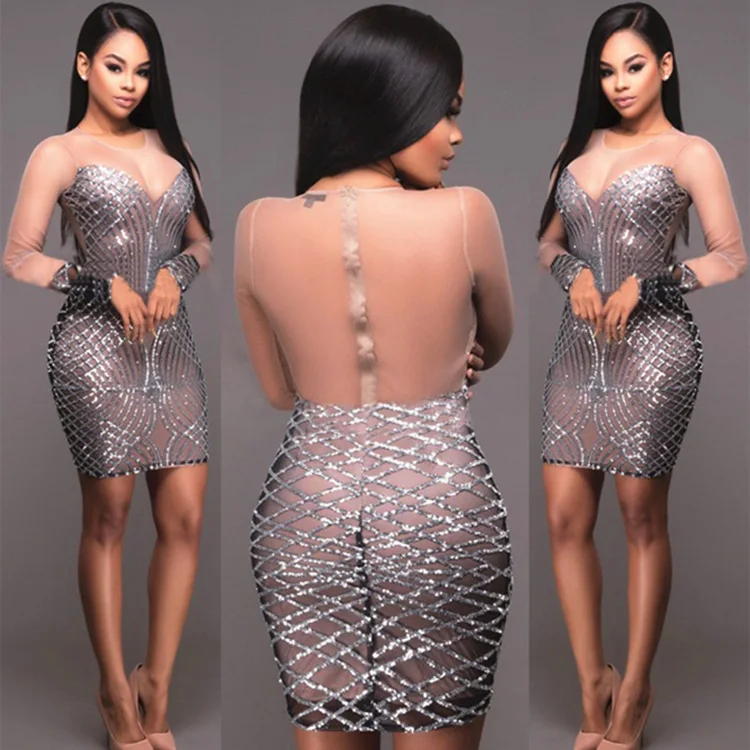 Женское сексуальное Сетчатое платье с пайетками длинным рукавом прозрачное