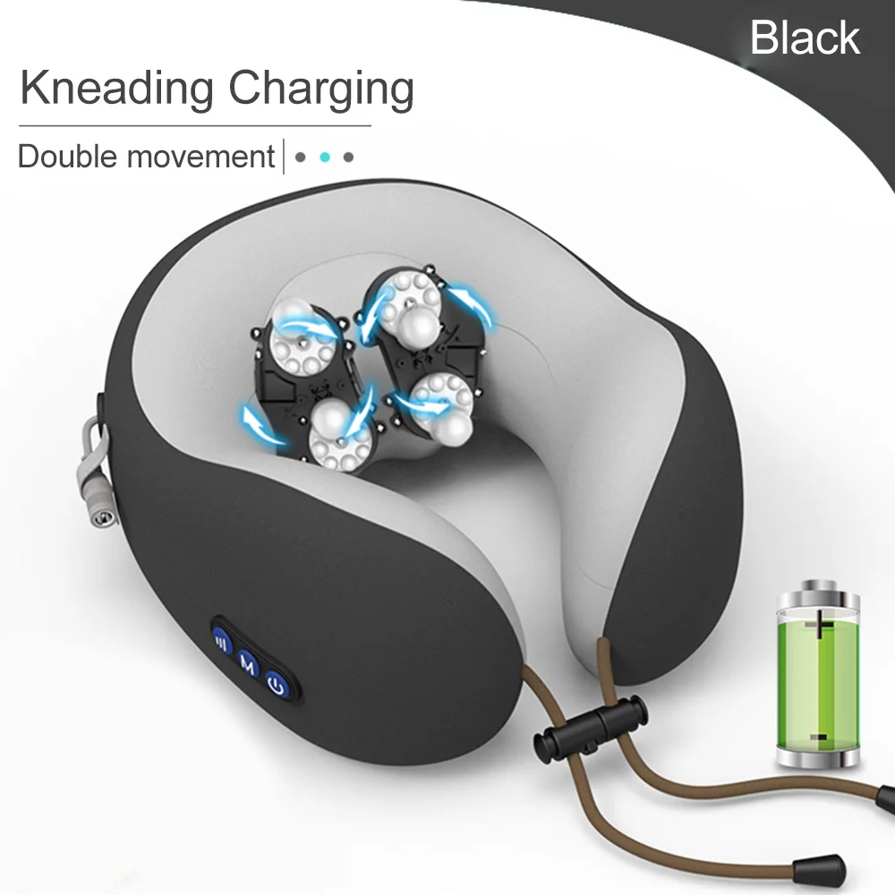 Black-Double-Knead JINSERTA, электрический массажный подголовник, подушка для путешествий, u-образная Подушка, терапия, подушка для шеи, массажер для дома, офиса, отдыха - Цвет: Black-Double-Knead