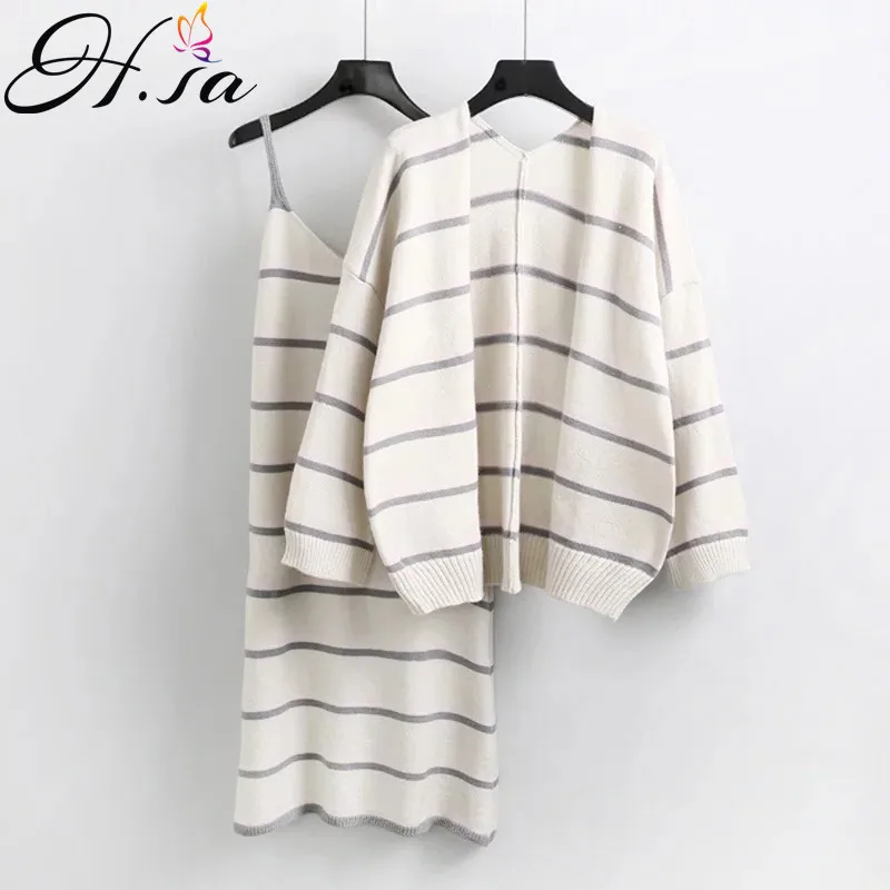 

HSA Autumn Fashion New Female 2 PCS Sweater and Dress Casual Striped Sweater Jumpers Cardigans With Dress Pull roupas feminina