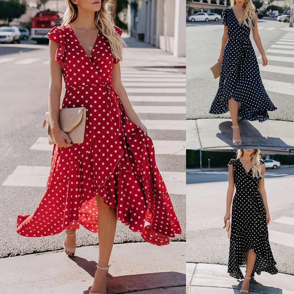 Женское Цветочное платье с бантом в горошек Boho женское пляжное летнее Sundrss 2019