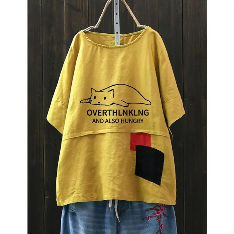 Женские свободные мешковатые топы из хлопка и льна размера плюс с принтом