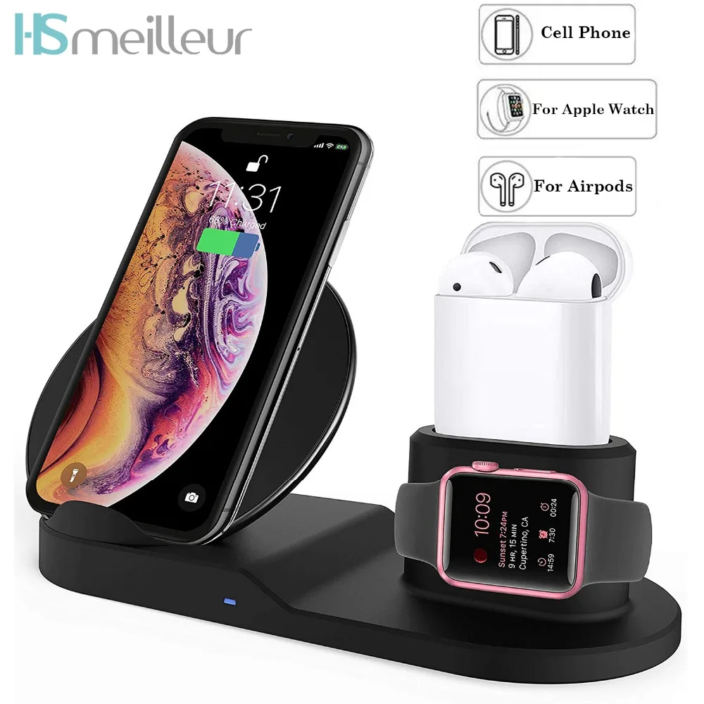 Беспроводное зарядное устройство Hsmeilleur 3 в 1 подставка для Apple Watch 2 4 iPhone XS Max XR X 8 Plus