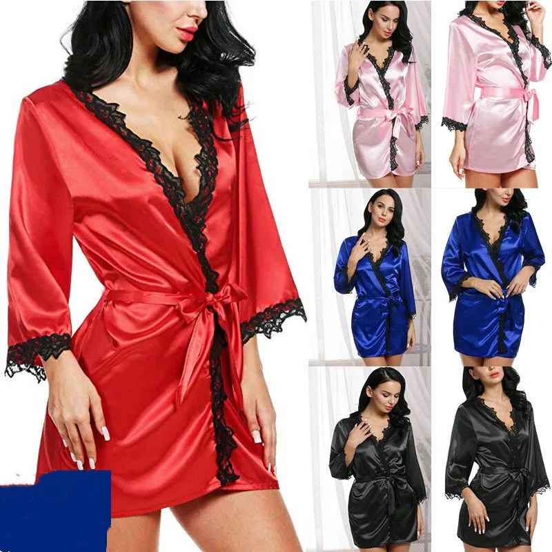 

HIRIGIN Newest Women's Silk Satin Lace Bathing Robe Lingerie Sexy Mini Dress Wedding Bridesmaid Sleepwear Bathrobe