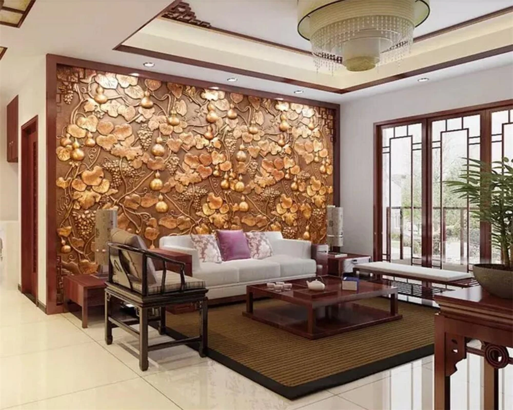 Beibehang Custom wallpaper copper embossed gourd vine TV background wall home decoration living room bedroom murals 3d |