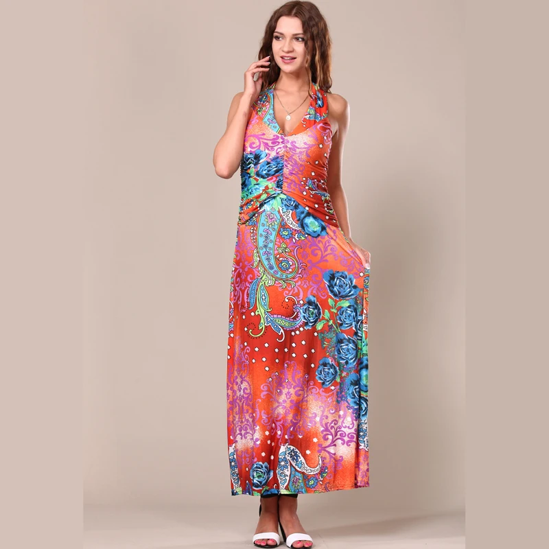 Free size cheap 2014 totem print women summer long dress sexy strap colorful beach slim waist casual | Женская одежда