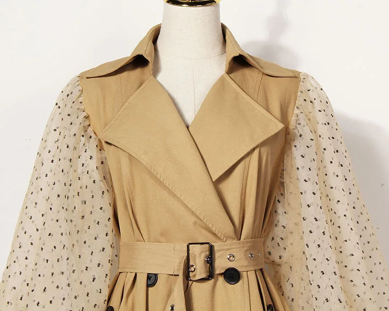 Свободный Тренч 2018 Осень Зима Новое Сетчатое платье-фонарь с длинным рукавом