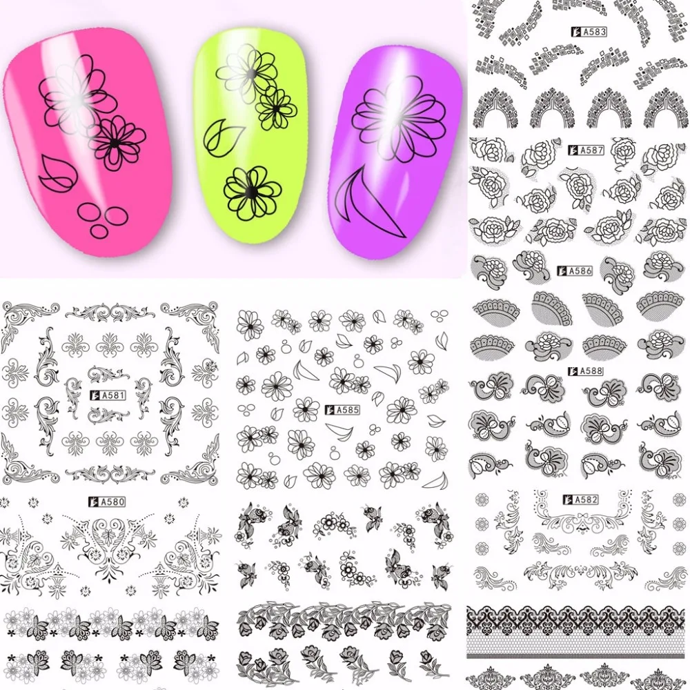 12 листов модные черные кружевные линии с цветочным рисунком водные переводные