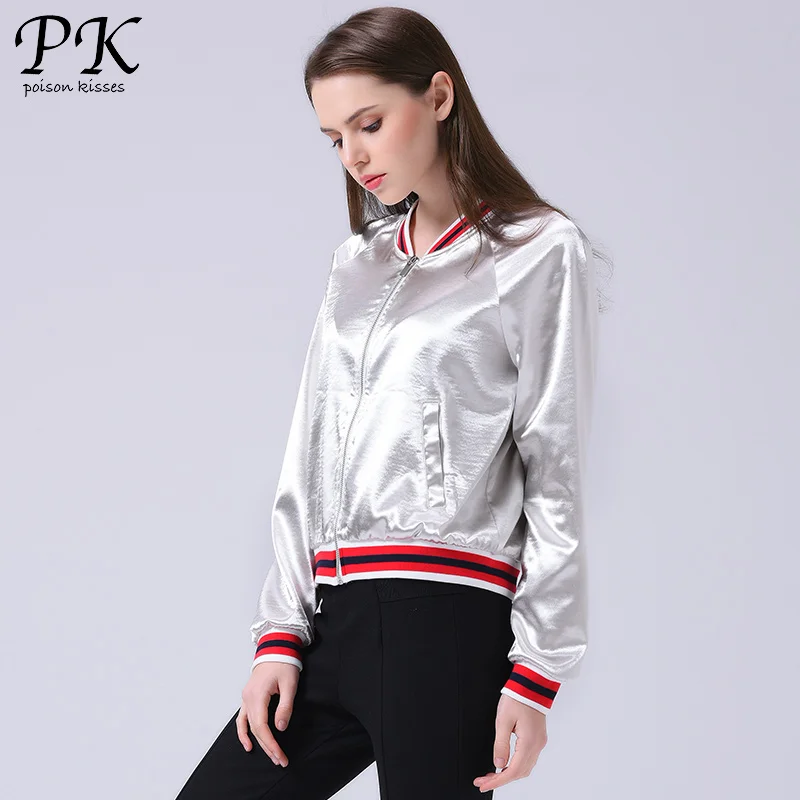 РК металлик чувство бомбардировщик куртка женщин стандартное пальто шайбу