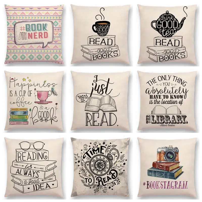 

Hot Sale Happy Days Nice Tea Reading Good Books Beautiful Life Gorgeous Words Decorative Letters Cushion Cover Sofa Pillow Case