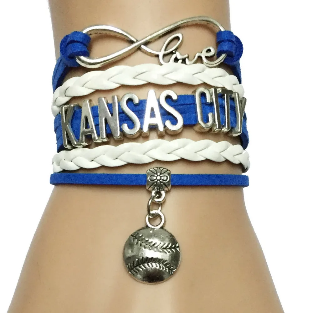 Бейсбольный браслет Infinity Love с бархатной кожаной оплеткой из Канзас-Сити-синий