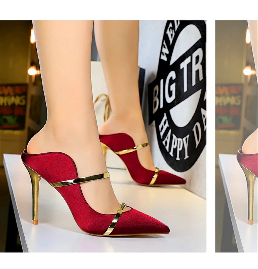 7 Colors Solid Silk Women Slippers Pointed Toe Outdoor Sandals High Heels Woman Sexy Party Show Thin Ladies Shallow Summer Shoes