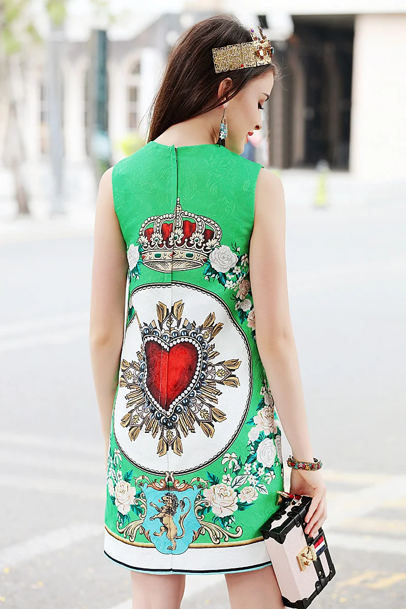 XF 2018 High Quality Spring Fashion Designer Runway Summer Dress Bohemian Vest Heart-Shaped Crown Jacquard Print | Женская одежда