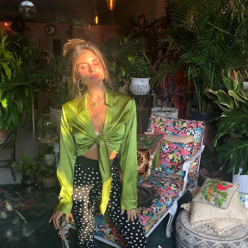 Элегантная атласная блузка Слик женская рубашка с v образным вырезом и поясом