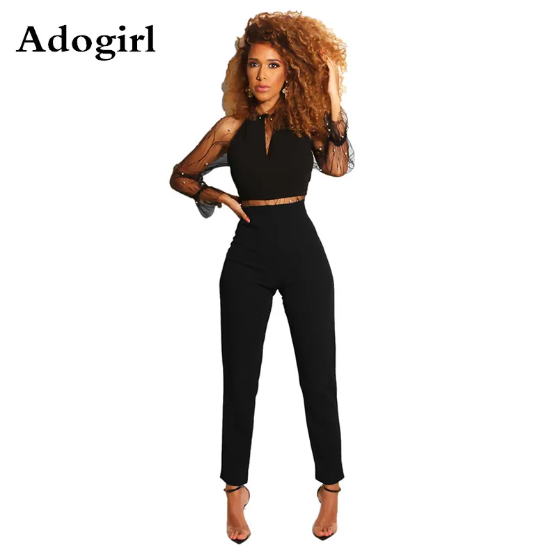 

Sexy Backless Beading Mesh Patchwork Bodycon Jumpsuit Women Vintage Long Sleeve O Neck Rompers Elegant Night Party Overalls