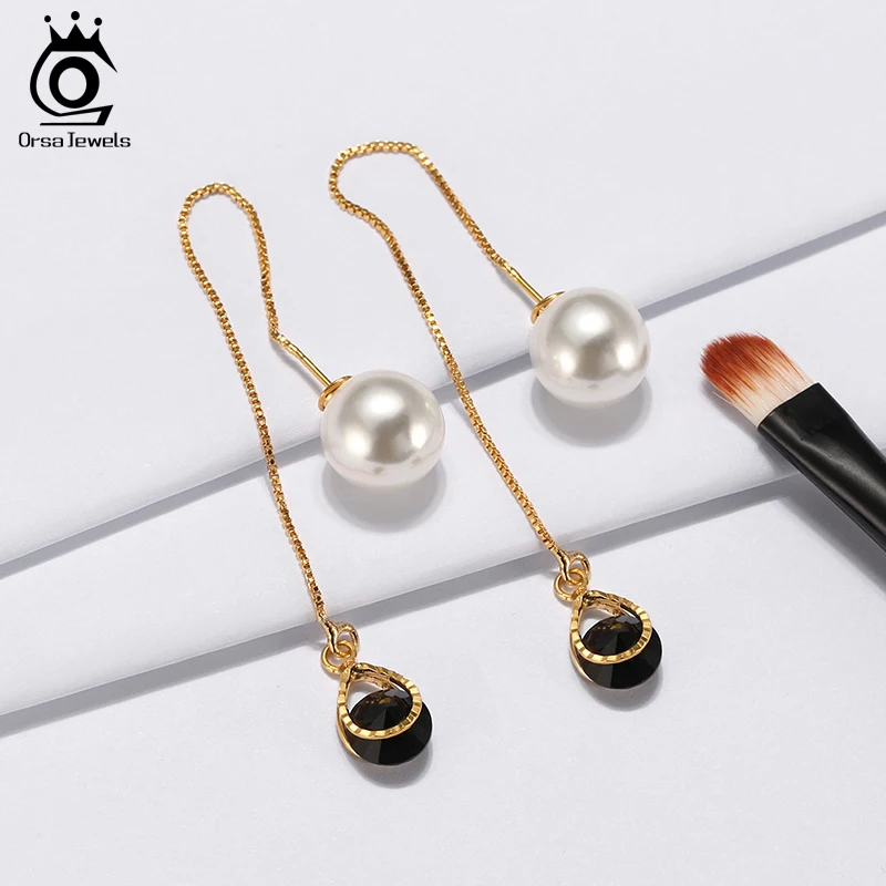ORSA JEWELS Новые серьги в форме капли воды, австрийский хрусталь длинные серьги с большой жемчужиной элегантный золотой цвет ювелирные изделия для женщин OME27