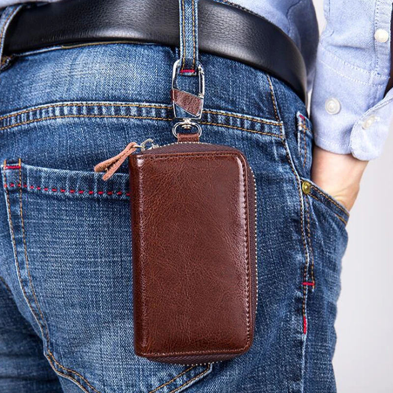 

Unisex Large Leather Zipper Key Case Wallet with 12 Hooks & 1 Keychain Ring key holder women men