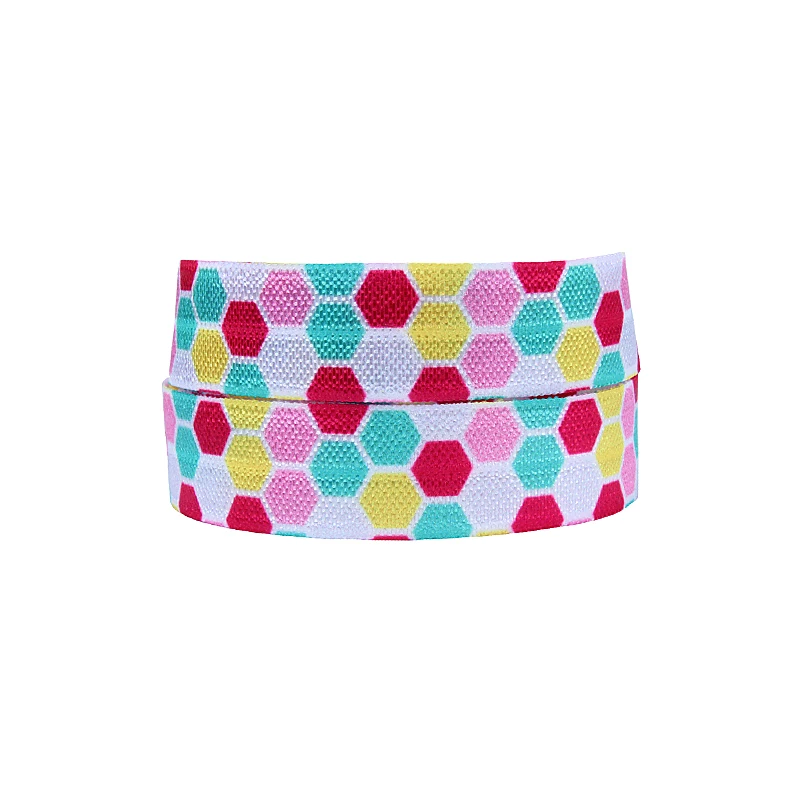

Flora Ribbons heat transfer printed foe, 50 yards per lot fold over elastic with colorful geometric hexagon printed