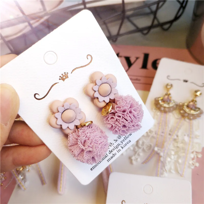 Женские корейские висячие серьги Kawaii милые розовые и фиолетовые длинные летние