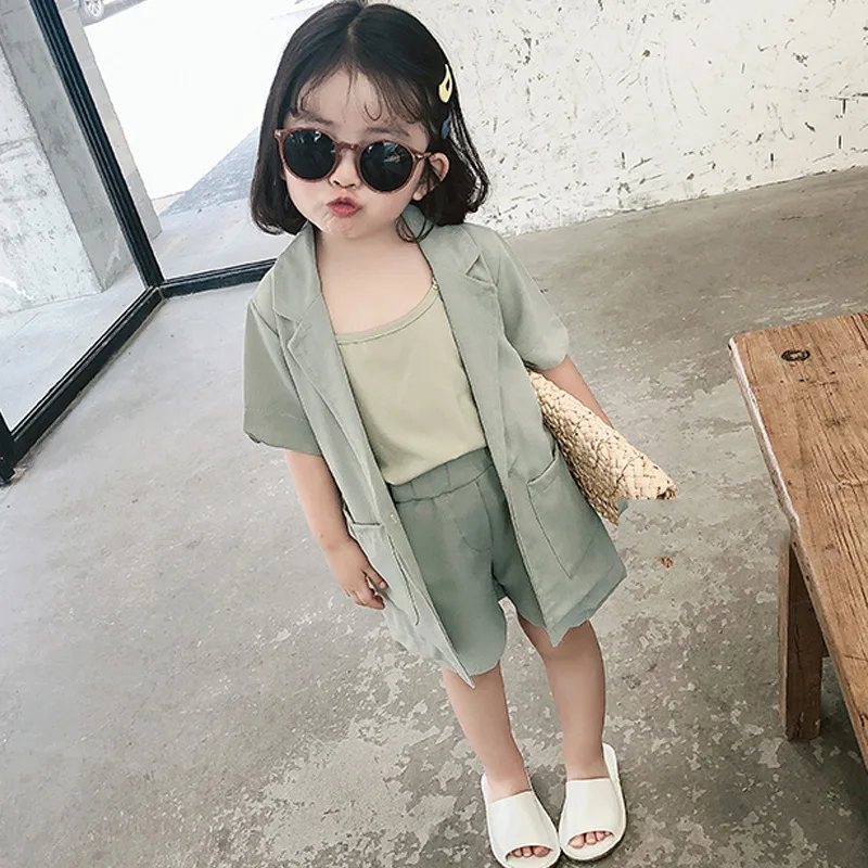 

2 3 4 5 6 Years Girls Suit Fashion Korean Sling Short Sleeve Suit Jacket Shorts 3pcs Kids Clothing Summer 2019 Baby Girls Sets